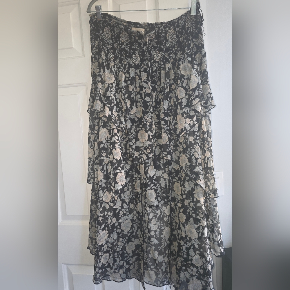 Denim & Supply Ralph Lauren Black and Cream Floral Tiered Midi Skirt